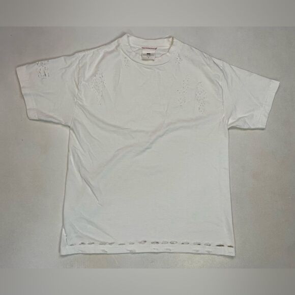 MOOJIMOOJI Distressed T-shirt Women Small Oversized White Short Sleeve - Picture 1 of 8